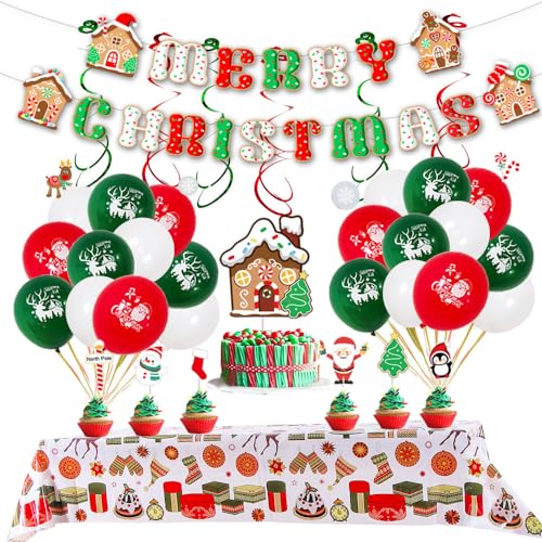 Luftballons Weihnachten Deko, ACTOYS 25PCS Weihnachtsballons und 23 PCS Weihnachtsfeier Deko, Merry Christmas Banner, Weihnachtstischdecke, Christmas Balloons Decorations von ACTOYS