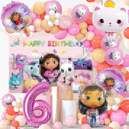 76 Pcs Gabby Geburtstag Deko Set - 6 Jahre Torte, Balloon, Hintergrund, Ballon Kette von ACTUALLYX