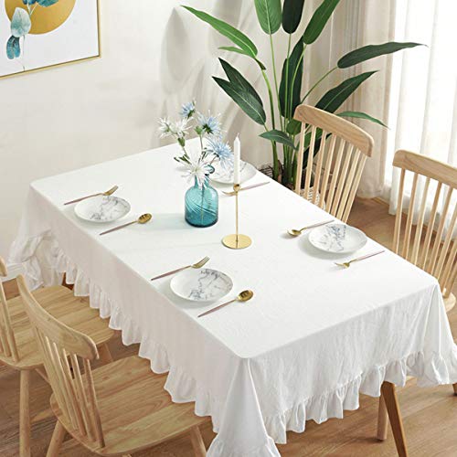 ACVIP Tischdecke Unifarbe Rechteckige Tischtücher mit Rüschen Baumwolle Leinen Tischdecken Rechteck Couchtisch(Weiß, 100 x 140 cm) von ACVIP