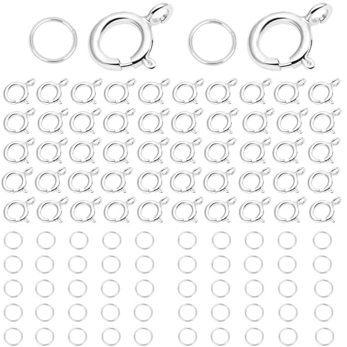 AD Beads Federverschlüsse, 14 Karat vergoldet und versilbert, mit offenen Binderingen, runde Verschlüsse für Halsketten, Armbänder oder Schmuckherstellung (50 Stück versilbert) von AD Beads