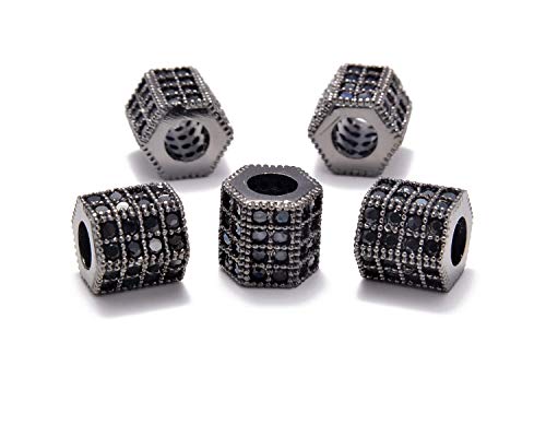 AD Beads Zirkonia Pavé-Strass-Perlen mit großem Loch, sechseckig, 7 x 8 mm, 5 Stück, Schwarz auf Gunmetal von AD Beads