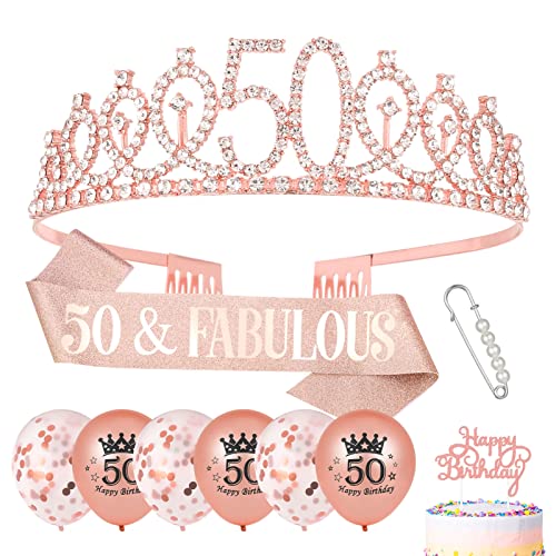 ADAKEL 50 Jahre Geburtstag Krone Schärpe und Tiare Stirnbänder für Roségold 50. Geburtstag Luftballons Cake Topper Dekorationen Damen Geschenk 50 Jahre Geburtstag (50 Jahre) von ADAKEL