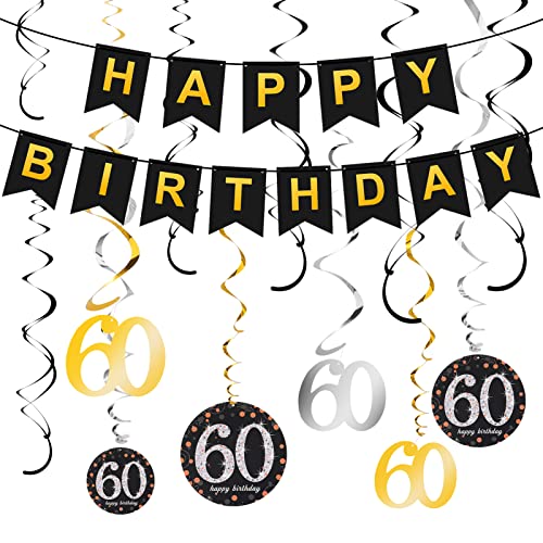 adakel 60. Geburtstag Dekoration, Happy Birthday Banner und 60. Geburtstag Swirl Folienspiralen Deckenhänger für 60. Geburtstag Party Dekoration Zubehör von ADAKEL