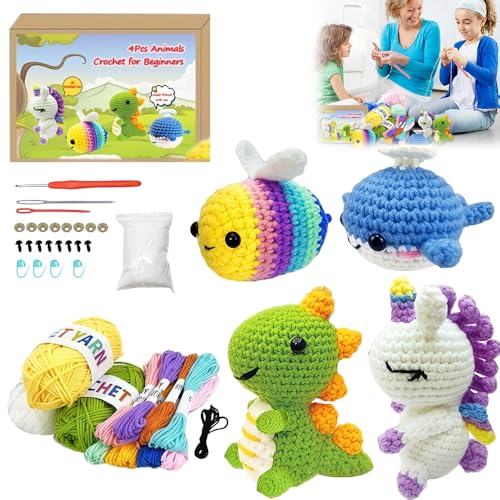 ADDLIVE Häkelset für Anfänger Kinder, 4 Tiere Stricken für Anfänger Set, Tiere HäkelnSet mit Häkelnadeln Garn und Video, DIY Strickliesel Set für Erwachsene Kinder (BieneEinhornDinosaurierWale) von ADDLIVE
