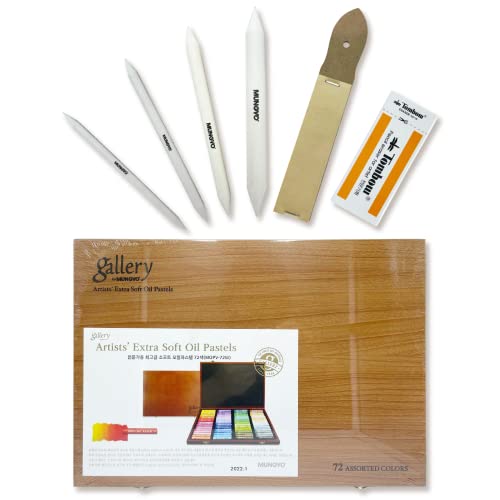 Mungyo Gallery Soft Oil Pastels Wood Box Set of 72 (MOPV-72W) with Blending Tortillon, Sandpaper, Radiergummi, 72 Stück von ADDY & PLUSY