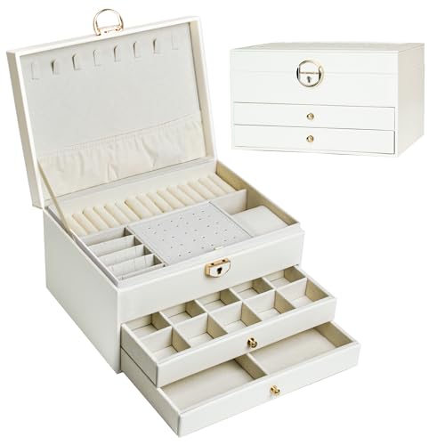 AdelDream Schmuckkasten dreistöckige Schmuckbox Schmuckschatulle mit linearem Design Schmuckaufbewahrung Geburtstags- und Feiertagsgeschenk für Damen Tochter und Freunde weiß von ADEL DREAM