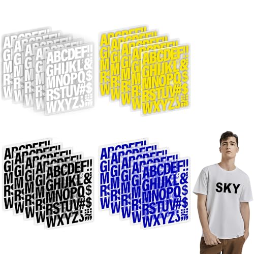 ADERTOS 28 Blättern Buchstaben zum Aufbügeln 2 Zoll Bügelbuchstaben PU Buchstaben Aufbügler 4 Farben Transfer Bügelbuchstaben für Kleidung T-Shirts Taschen(Schwarz, Weiß, Gelb, Blau) von ADERTOS