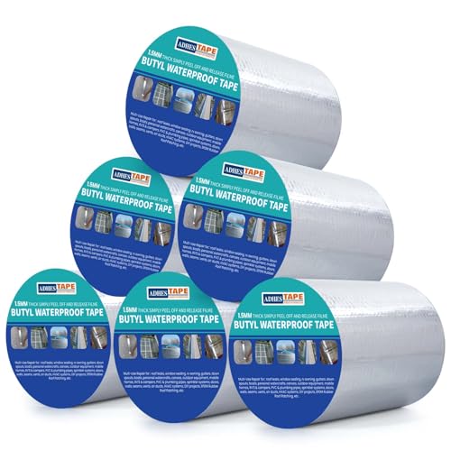 ADHES 1.5mm Dick Wasserdichtes Butylband, Starkes Selbstklebendes DichtungsbäNder 2000mm x 5m x 6 Rollen Silber Aluminiumfolie Klebeband für, Bauwerke, Fassaden, Wohnwagen, Fenster, Container von ADHES TAPE PURSUIT OF PERFECTION