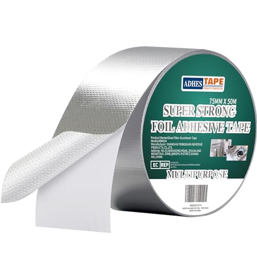 ADHES Aluminiumklebebänder Verstärkt mit einem Glasgittergewebe Folienband, Hält 80 °C bis 100 °C stand, hitzebeständiges klebeband metallklebeband silber 3inch x 55yard (75mm x 50m) von ADHES TAPE PURSUIT OF PERFECTION