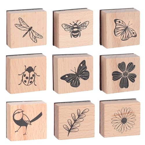 9 Stück Vintage Holzstempel,Stempel Holz,Schmetterling Blumen Motive Holzstempel Set,Naturpflanzen Mustern Vintage Motivstempel,für DIY Handwerk Basteln Scrapbooking von ADLABLD