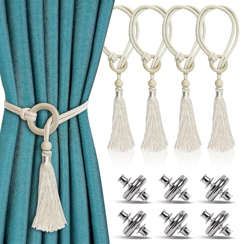 ADNEWX 4 STK Geflochtene Vorhang Raffhalter, 21.7 Zoll Quasten Vorhanghalter Boho Vorhangbänder mit 6 Magnete für Vorhänge (Beige) von ADNEWX