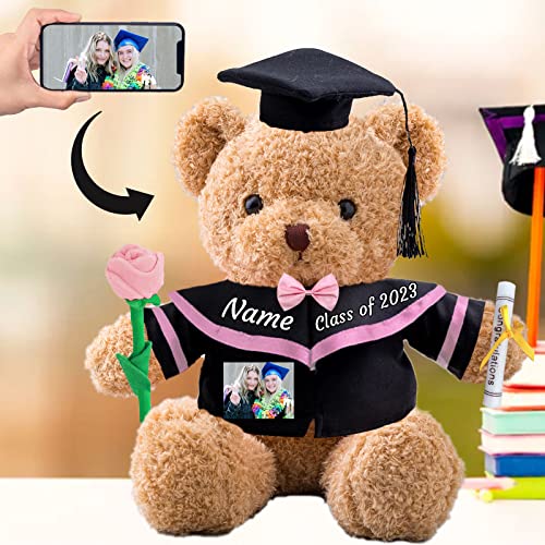 GraduationBär Personalisierte Graduation Geschenke mit benutzerdefinierten Text+Foto, Teddybär mit Rose & Bow als Schulabschluss Geschenk für sie Oberschule Abschluss Geschenke (40 cm-Text+Foto) von ADORSUN