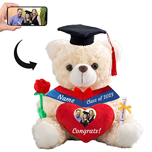 GraduationBär mit Herz Personalisierte Graduation Geschenke mit benutzerdefinierten Text+Foto, Teddybär als Schulabschluss Geschenk für sie 2024 Oberschule Graduation Geschenke (25cm-Text+Foto) von ADORSUN