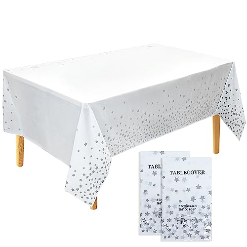 ADQUATOR Kunststoff-Tischdecke, Konfetti-Tischdecke, rechteckig, Motiv: silberfarbene Sterne, 137 x 274 cm, Weiß, 2 Stück von ADQUATOR