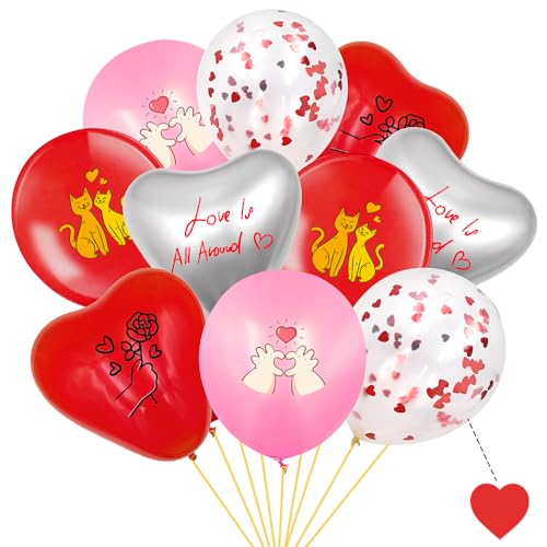 Luftballons mit Herzmotiv, 5 Stile, Rot, Rosa, Silber, Konfetti, Love Is Allround-Herz-Luftballons, 30,5 cm, Katzen-Rose, Handherz, Latex-Ballon für Hochzeit, Jahrestag, Muttertag, Valentinstag, von ADQUATOR
