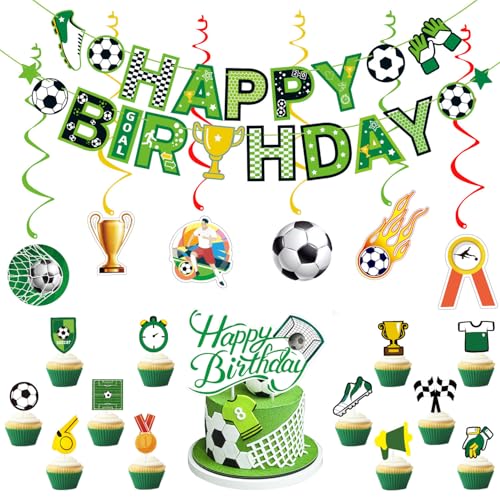 Fußball-Geburtstagsparty-Dekorationen – 21 Stück Fußball-Banner zum Aufhängen, Wirbel-Kuchenaufsatz, Dekoration für Fußball-Mottoparty-Zubehör Fußball-Geburtstagsparty-Dekorationen – 21 Stück Fußball-Banner zum Aufhängen, Wirbel-Kuchenaufsatz, Dekoration für Fußball-Mottoparty-Zubehör von ADULLPONY