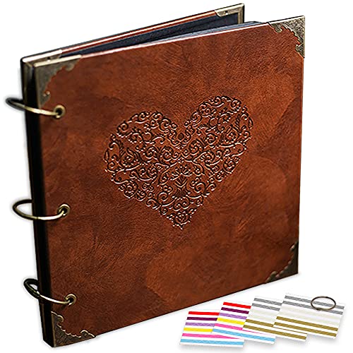 ADVcer Fotoalbum oder DIY-Scrapbook (25,4 x 25,4 cm, 50 Seiten, doppelseitig), Vintage-Ledereinband, Dreiring-Binder-Bild mit 6 Farben, 306 selbstklebende Fotoecken für Erinnerung von ADVcer