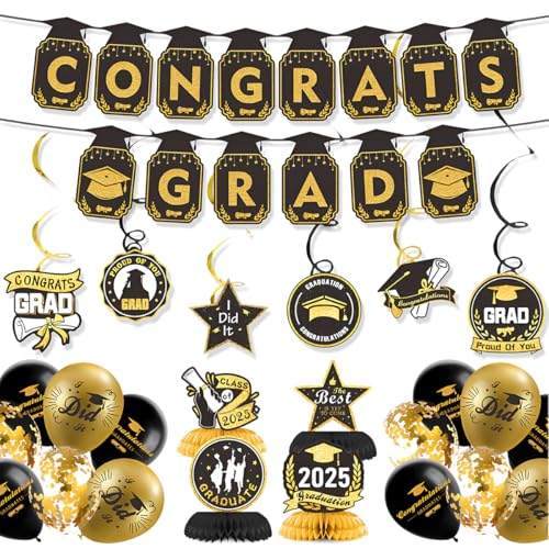 Dekoration für die Abschlussfeier 2025, Schwarz und Gold Congrats Grad Banner mit Waben Papier Decor Spiralen Dekoration Luftballons, Graduierung Fotorequisiten Graduierung Accessoire Deko Set von ADYEKSD