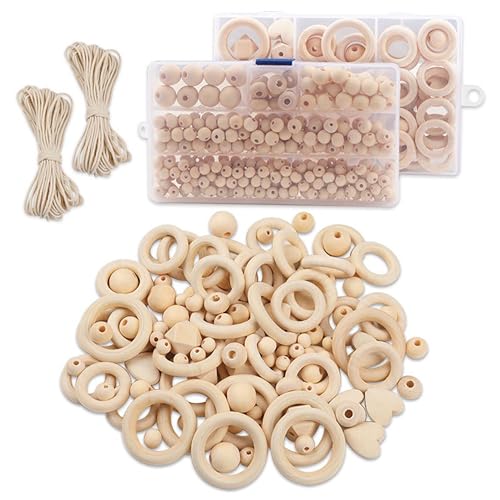 Unlackierte Holzperlen und Ringe Set, 372 Perlen, 42 Ringe, 8-40 mm Größen, mit Baumwollseil und Aufbewahrungsbox Unlackierte Holzperlen und Ringe Set, 372 Perlen, 42 Ringe, 8-40 mm Größen, mit Baumwollseil und Aufbewahrungsbox von AEAOA
