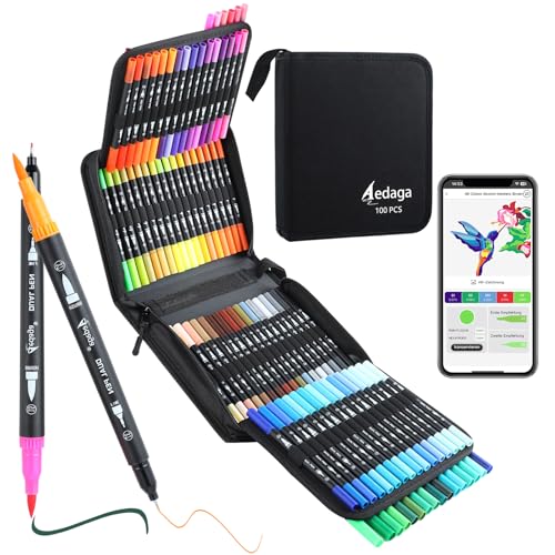 100 Farben Nummerierte Filzstifte Set mit App, Dual Brush Pen Set (Pinsel & Feine Spitze) für Erwachsene & Kinder, Mandala Stifte für Ausmalbücher, Bullet Journal, Handlettering & Kalligraphie von AEDAGA