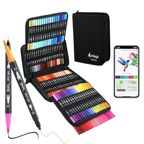 120 Farben Nummerierte Filzstifte Set mit App, Dual Brush Pen Set (Pinsel & Feine Spitze) für Erwachsene & Kinder, Mandala Stifte für Ausmalbücher, Bullet Journal, Handlettering & Kalligraphie von AEDAGA