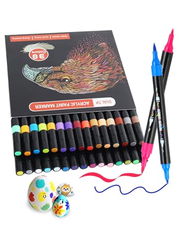 30 Farben Acrylstifte Set mit Doppelspitze, Acrylstifte für Steine Wasserfest (Pinsel & Feine Spitze), Acrylic Marker für Kinder & Erwachsene, Acryl Marker Für Holz, Leinwand, Stein, Glas, Keramik von AEDAGA