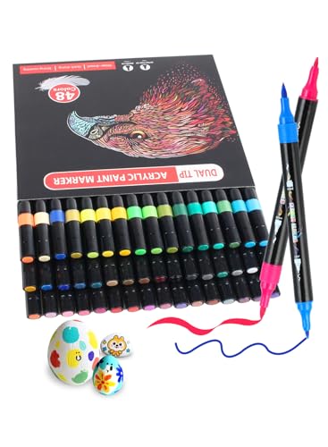 48 Farben Acrylstifte Set mit Doppelspitze, Acrylstifte für Steine Wasserfest (Pinsel & Feine Spitze), Acrylic Marker für Kinder & Erwachsene, Acryl Marker Für Holz, Leinwand, Stein, Glas, Keramik von AEDAGA