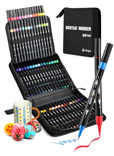 60 Farben Acrylstifte Set mit Doppelspitze, Acrylstifte für Steine Wasserfest (Pinsel & Feine Spitze), Acrylic Marker für Kinder & Erwachsene, Acryl Marker Für Holz, Leinwand, Stein, Glas, Keramik von AEDAGA