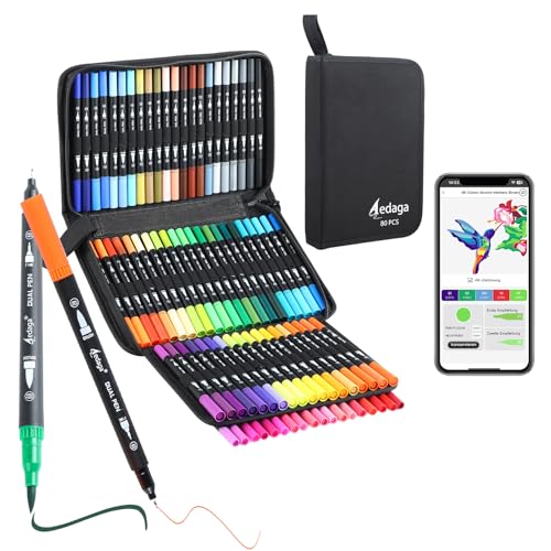 80 Farben Nummerierte Filzstifte Set mit App, Dual Brush Pen Set (Pinsel & Feine Spitze) für Erwachsene & Kinder, Mandala Stifte für Ausmalbücher, Bullet Journal, Handlettering & Kalligraphie von AEDAGA