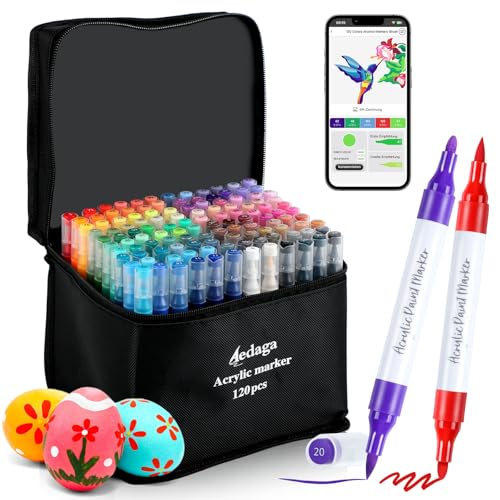 AEDAGA ‌120 Farben Acrylstifte Set mit App, Doppelspitze Acrylic Marker (Pinsel und Feine Spitze), Acrylfarben Set Stifte für Erwachsene, Kinder, Eier, Holz, Stein, Leinwand, Plastik, Glas, Keramik von AEDAGA