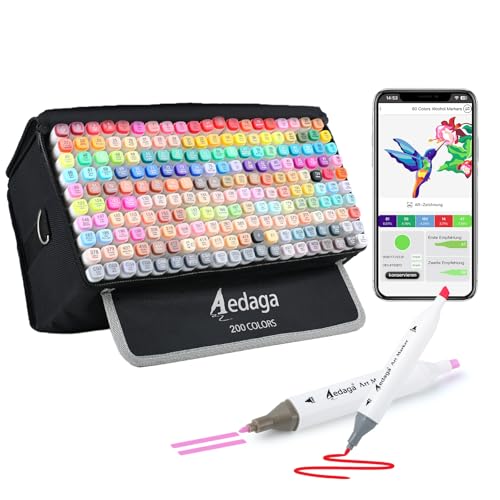 AEDAGA 200 Farben Alkohol Marker mit App, Doppelspitze Alcohol Marker mit Ständer-Etui für Erwachsene & Kinder, Alkohol Stifte für Malen, Skizzieren & Zeichnen von AEDAGA