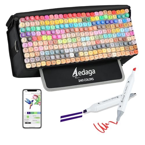 AEDAGA 240 Farben Alkohol Marker mit App, Doppelspitze Alcohol Marker mit Ständer-Etui für Erwachsene & Kinder, Alkohol Stifte für Malen, Skizzieren & Zeichnen von AEDAGA