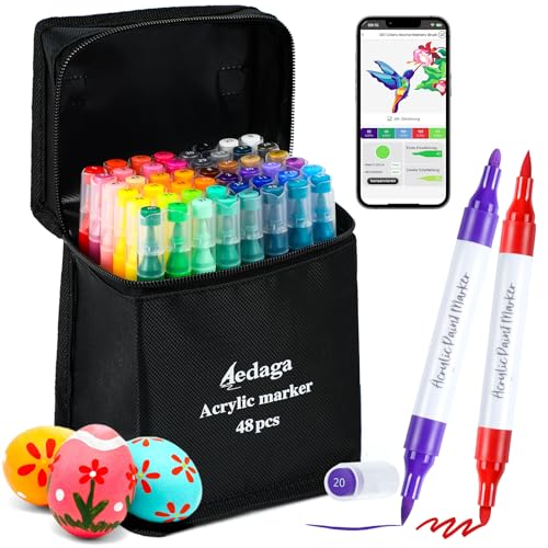 AEDAGA ‌48 Farben Acrylstifte Set mit App, Doppelspitze Acrylic Marker (Pinsel und Feine Spitze), Acrylfarben Set Stifte für Erwachsene, Kinder, Eier, Holz, Stein, Leinwand, Plastik, Glas, Keramik von AEDAGA