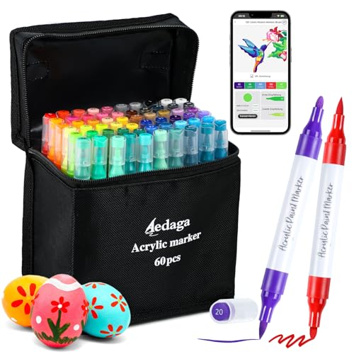 AEDAGA ‌60 Farben Acrylstifte Set mit App, Doppelspitzige Acrylmarker (Pinselspitze & Feinspitze),Acrylfarben Set Stifte für Erwachsene, Kinder, Eier, Holz, Stein, Leinwand, Plastik, Glas, Keramik von AEDAGA