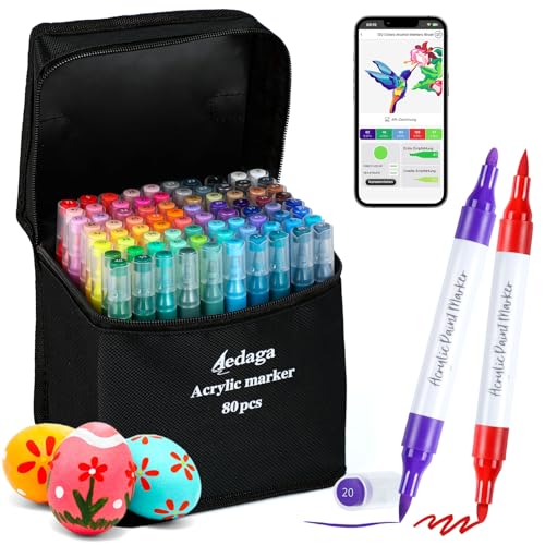AEDAGA ‌80 Farben Acrylstifte Set mit App, Doppelspitze Acrylic Marker (Pinsel und Feine Spitze), Acrylfarben Set Stifte für Erwachsene, Kinder, Eier, Holz, Stein, Leinwand, Plastik, Glas, Keramik von AEDAGA