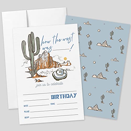AEHIE 20 Sets Western Cowboy Geburtstag Party Einladungen mit Umschlägen, How The West Was doppelseitig bedruckte Geburtstagsparty-Einladungskarten für Baby Jungen, Western Cowboy von AEHIE