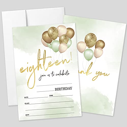 AEHIE Party-Einladungskarten zum 18. Geburtstag mit Umschlägen, grün-goldene Luftballons, doppelseitig bedruckt, Geburtstagsparty-Einladungskarten für Mädchen und Damen, 20 Stück von AEHIE