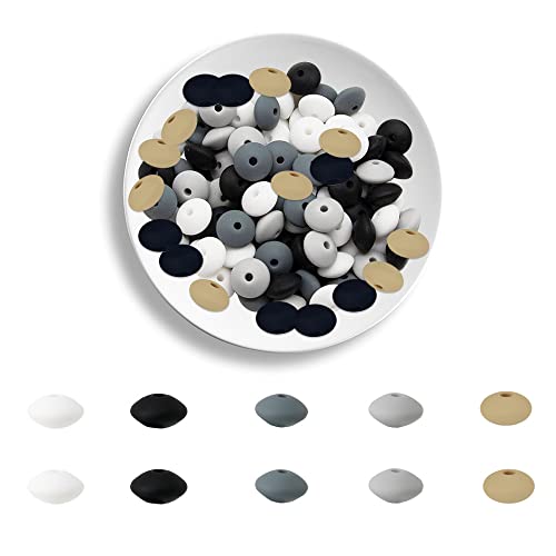 100 Stück Silikon-Abakus-Perlen, 12 mm, gemischte Farben, Silikonperlen, Untersetzer, Perlen, Schwarz, Grau, Weiß, Linsenperlen, lose Abstandshalter, Schmuckperlen, DIY, Schlüsselanhänger, Zubehör von AELUUAKE