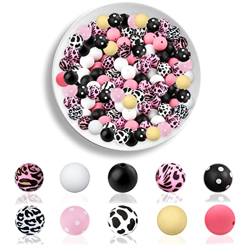 58 Stück Leoparden-Kuh-Punkt-Druck-Silikonperlen-Set, 15 mm, gemischte Farben, Silikonperlen, Charm, schwarz, rosa, weiß, rund, lose Abstandshalter Perlen für DIY Handwerk Girlande, Schlüsselanhänger, 58 Stück Leoparden-Kuh-Punkt-Druck-Silikonperlen-Set, 15 mm, gemischte Farben, Silikonperlen, Charm, schwarz, rosa, weiß, rund, lose Abstandshalter Perlen für DIY Handwerk Girlande, Schlüsselanhänger, von AELUUAKE