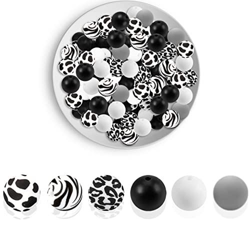 75 Stück Zebra-Leoparden-Kuh-Druck-Silikon-Perlen-Set, 15 mm, gemischte Farben, Silikonperlen, schwarz, grau, weiß, rund, lose Abstandshalter-Perlen für Bastelarbeiten, Armbänder, Schmuckherstellung von AELUUAKE