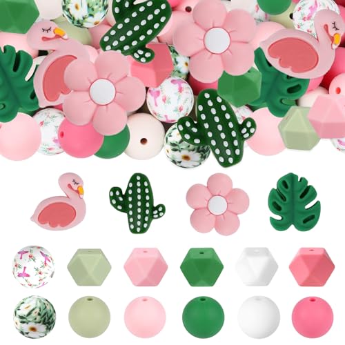 Flamingo-Silikonperlen-Set, runde Silikonperlen, Großpackung, 15 mm, 14 mm, pink-grün, Gummi-Fokal-Perlen, Blumen, Basteln, lose Abstandshalter, Perlen für Stifte, Schlüsselanhänger, Armband Flamingo-Silikonperlen-Set, runde Silikonperlen, Großpackung, 15 mm, 14 mm, pink-grün, Gummi-Fokal-Perlen, Blumen, Basteln, lose Abstandshalter, Perlen für Stifte, Schlüsselanhänger, Armband von AELUUAKE