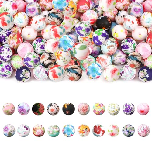 Silikonperlen im Blumen-Set, 15 mm, runde Silikonperlen, Großpackung mit Blumendruck, Gummi-Fokal-Perlen, Blumen, Basteln, lose Abstandshalter für Stifte, Schlüsselanhänger, Armband, Halskette von AELUUAKE