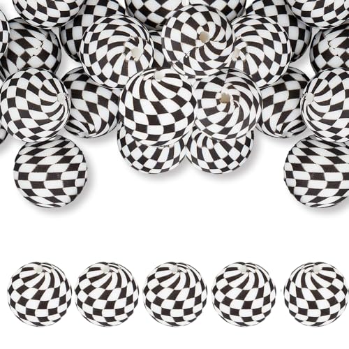 Silikonperlen mit Schachbrettdruck, rund, 15 mm, Schwarz, Weiß, kariert, Gummi-Fokal-Perlen, zum Basteln, lose Abstandshalter für Stifte, Schlüsselanhänger, Armband, Halskette, Schlüsselband, 30 Stück Silikonperlen mit Schachbrettdruck, rund, 15 mm, Schwarz, Weiß, kariert, Gummi-Fokal-Perlen, zum Basteln, lose Abstandshalter für Stifte, Schlüsselanhänger, Armband, Halskette, Schlüsselband, 30 Stück von AELUUAKE