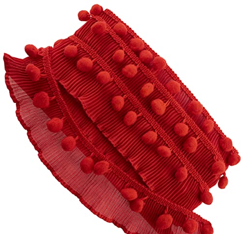 AERZETIX - C60559 - Plissiertes Zierband 2 m x 40 mm mit pompons - Farbe: rot - geflochtene pomponborte - für bekleidung kurzwaren hobbykleidung röcke dekoration nähen geschenk - aus textilien von AERZETIX