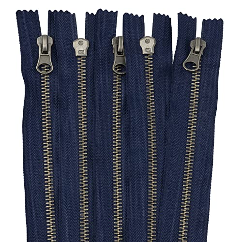 AERZETIX - C61527-5er-Set Reißverschluss Nr. 5 Nicht trennbar 16 cm aus Vintage-Metall - dekorative zuglasche - dunkelblau - Schieber für Lederwaren Jeans röcke kurzwaren von AERZETIX