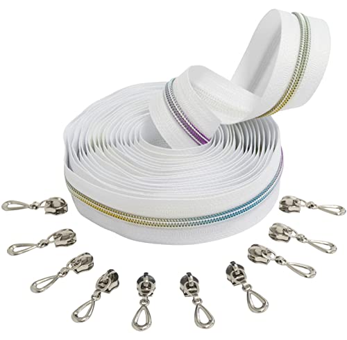 AERZETIX - C62465x5-C62947x10 - Set mit Spiralreißverschluss 5m Nr. 5 Farbe: weiß/Regenbogen + 10 Nicht verriegelbare Schieber Nr. 5 Farbe: Silber - Tropfen - Nylon/Metall von AERZETIX
