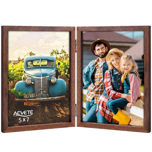AEVETE Bilderrahmen, 12,7 x 17,8 cm, doppeltes Scharnier, Holz, klappbar, vertikal, mit Plexiglas-Front, Braun von AEVETE