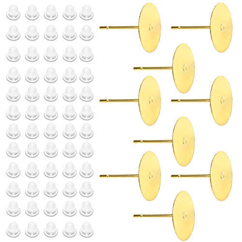 100 Paar 5 mm hypoallergene Gold-Edelstahl-Ohrstecker mit flachen Pad-Stiften und durchsichtigen Gummi-Ohrring-Verschlüssen zur Schmuckherstellung(Gold,10mm) von AEVQWEZNC