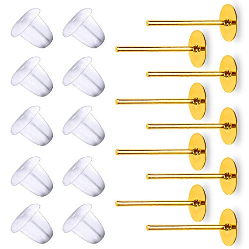 100 Paar 5 mm hypoallergene Gold-Edelstahl-Ohrstecker mit flachen Pad-Stiften und durchsichtigen Gummi-Ohrring-Verschlüssen zur Schmuckherstellung(Silver,10mm) von AEVQWEZNC