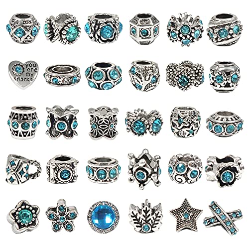 30 Stück Rot Großes Loch Europäische Perlen Antik Silber Metall Strass Rondelle Spacer Charms Perlen Sortimente for Armbänder Halsketten Schmuckherstellung(Blue) von AEVQWEZNC